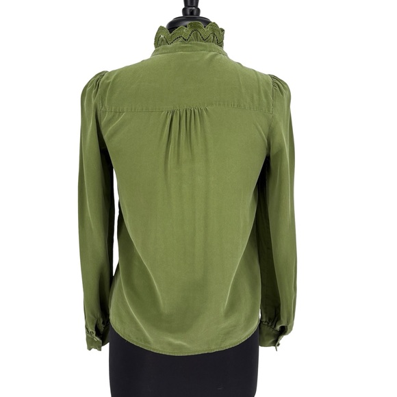 Sézane Chlo Embroidered 100% Silk Long Sleeve Blouse | Sz FR 32 (US 0) | Olive - Picture 11 of 16
